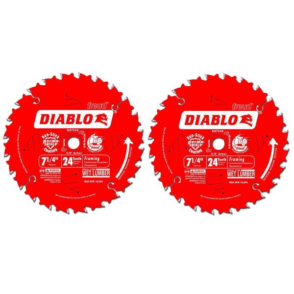 Diablo D0724P 7-1/4-Inch 24 Tooth ATB Carbide Framing Saw Blade with 5/8-Inch and Diamond Knockout Arbor (Pak of 2)