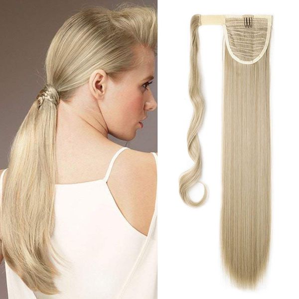 26" Wrap Around Ponytail Clip In Hair Extensions Straight Silky One Piece Long Hairpiece For Women Beauty - Ash Blonde Mix Bleach Blonde(66CM-100G)