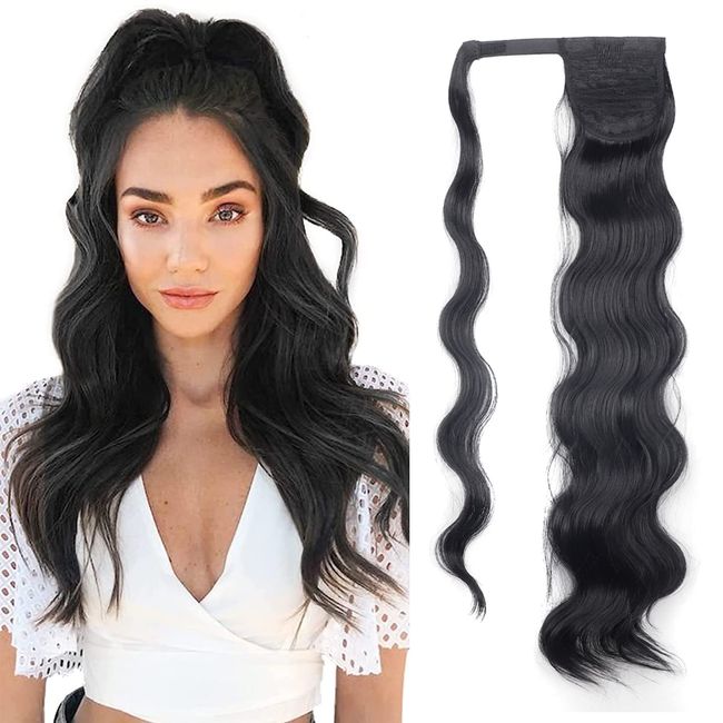 Cybelleza Pferdeschwanz Haarteil Zopf Extensions Clip in Hair Extensions Ponytail Haarverlängerung Kunsthaare Gewellt Synthetik Haar Lang Gewickelt Wave für Frauen 60cm 100g Schwarz