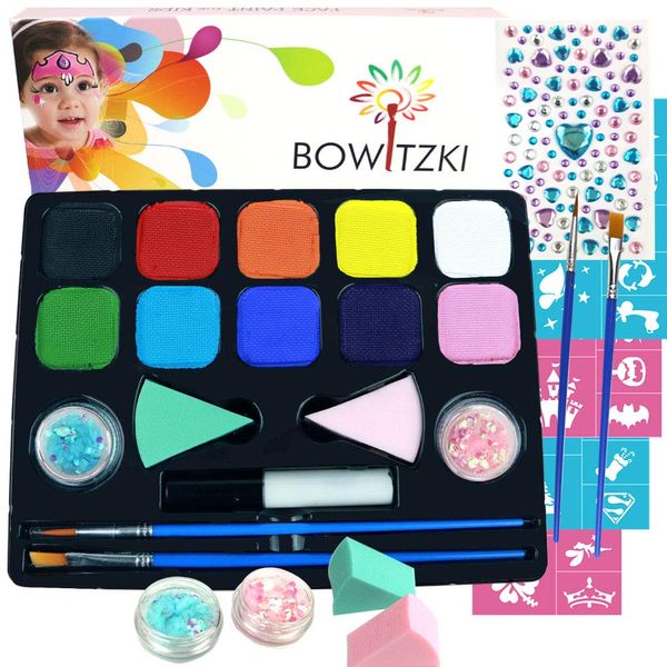 Bowitzki Face Paint Kit con 10 colori, 32 stencil, 2 pennelli, 2 glitter, 2 sponge, 1 colla per il corpo, facile da rimuovere per il viso per bambini, set di trucco per feste di Halloween