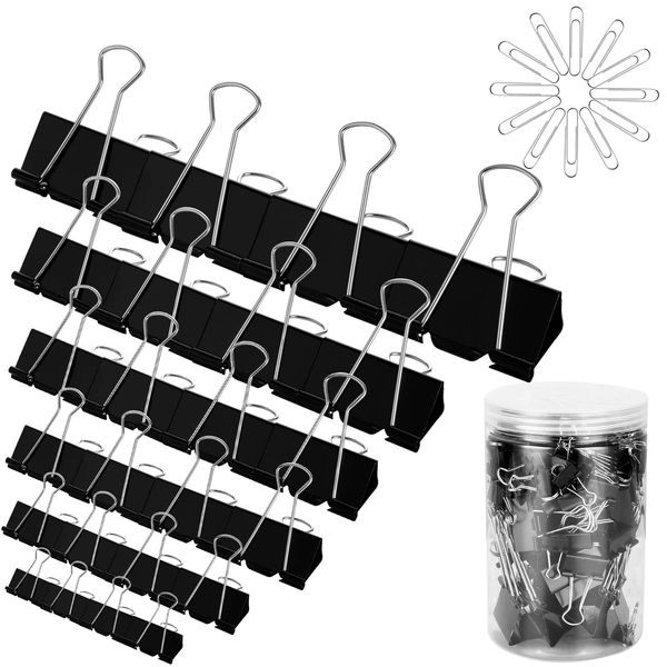 190pcs Double Clips Metal Clips Fold Back 7 Sizes 42mm 31mm 26mm 21mm 17mm 14mm Metal Binder Paper Clips Document Organizers Office Supplies in Bucket Black