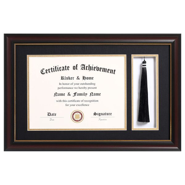 ELSKER&HOME 11x17 Diploma Frames with Tassel Holder for 8.5x11 Certificate Document Shadow Box, Mahogany Frame, Degree Double Mat, Black with Gold Rim