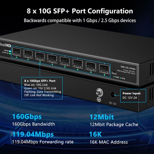 8 Port 10Gb SFP+ Web Managed Fiber Switch | Multi-Gig 10G-2.5G Adaptive | Fanless | 160G Bandwidth | Jumbo Frames/ VLAN/ QoS, Only Compatible with TP-Link, Real HD 10G SFP+ Module, NOT Plug & Play 1Gb