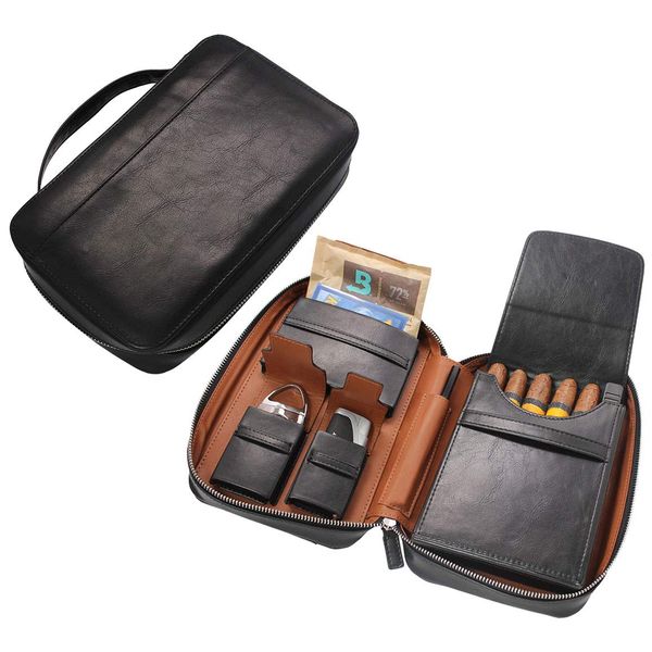 AMANCY Luxury Black Leather 5 Holder Cigar Humidor Case,Elegant Cigar Bag Pouch with Several Inner Accessory Pockets, Specialized Cigar Cutter and Lighter Contained