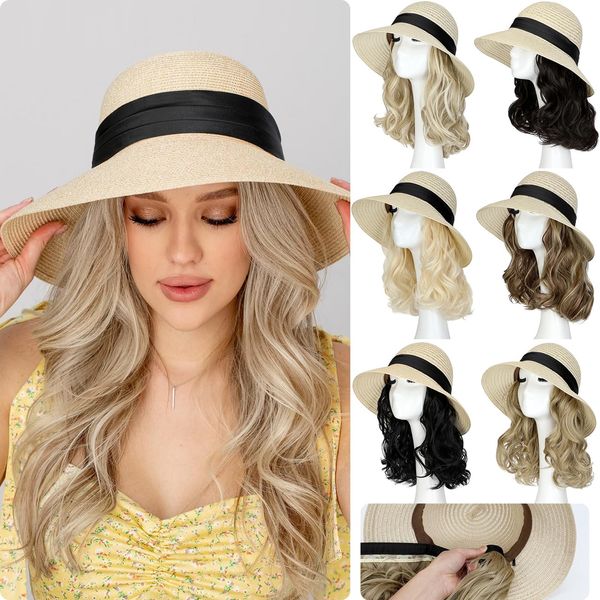 Qlenkay Straw Sun Hat with 10in Synthetic Hair Extension Short Wavy Curly Wig Wide Brim Women Adjustable Cap Detachable Hairpiece for Summer Travel Ash Blonde Mix Bleach Blonde