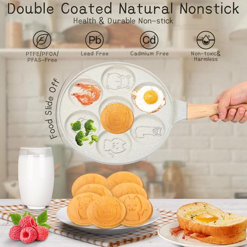 WKWKTOTO Pancake Maker Egg Frying Pan Suitable for All Stovetops & Induction Cooker, 10.5 Inch Animal Pancake Pan, 7 Molds Pancake Maker with PFOA Free Coating-Beige