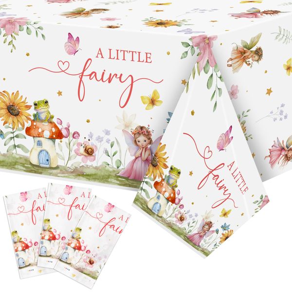 3Pcs Fairy Party Tablecloth Floral Fairy Birthday Table Cover A Little Fairy Themed Party Decorations Plastic Disposable Rectangular Table Cloth Decor for Girls Birthday Baby Shower Party Supplies