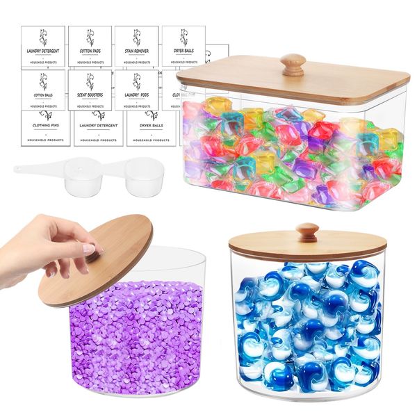 3 PCS Laundry Powder Storage Container,High-Capacity Plastic Laundry Pods Storage Container with 16 Labels and 2 Spoons,Laundry Detergent Storage Jars for Washing Pods,Bath Bombs,Scent Booster