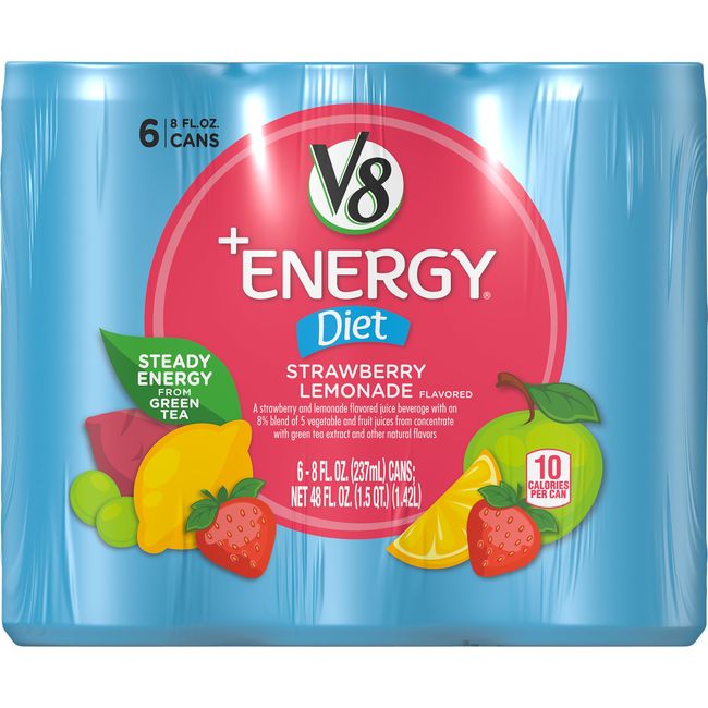 V8 +Energy Healthy Energy Drink, Natural Energy from Tea, Diet Strawberry Lemonade, 8 Fl Oz (Pack of 6)