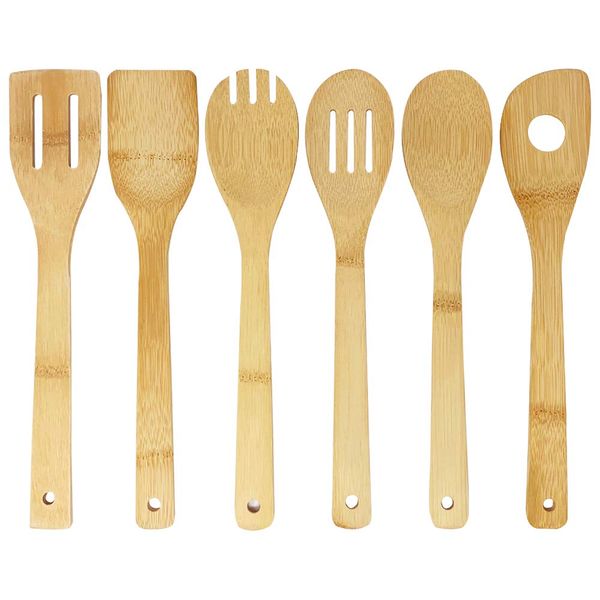 Joeji's Kitchen 6 Bamboo Wooden Kitchen Utensils for Cooking, Resistant & Stylish Bamboo Utensils: Wooden Spoon, Bamboo Spatula, Slotted Spoon, Slotted Spatula, Spork, Spatula with Hole