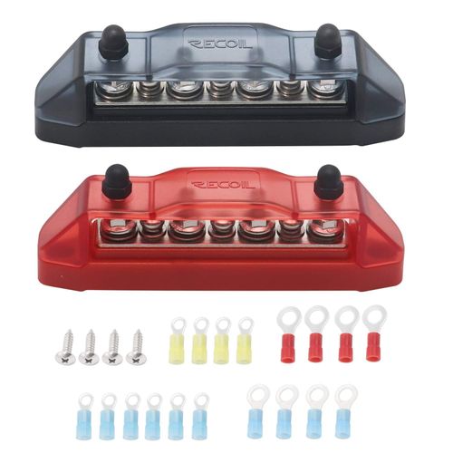Recoil BBS43-P Bus Bar 4 x M5 Studs 3 Screw Terminals Power Distribution Block Busbar with Ring Terminals (Red+Black)