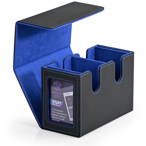 Infinity Guard Card Deck Box with 2 Commander Display, Double Deck Box for 280+ Single Sleeved Cards, Leather Magnetic Card Storage Box Fits for TCG CCG Magic Cards (Black&Blue)