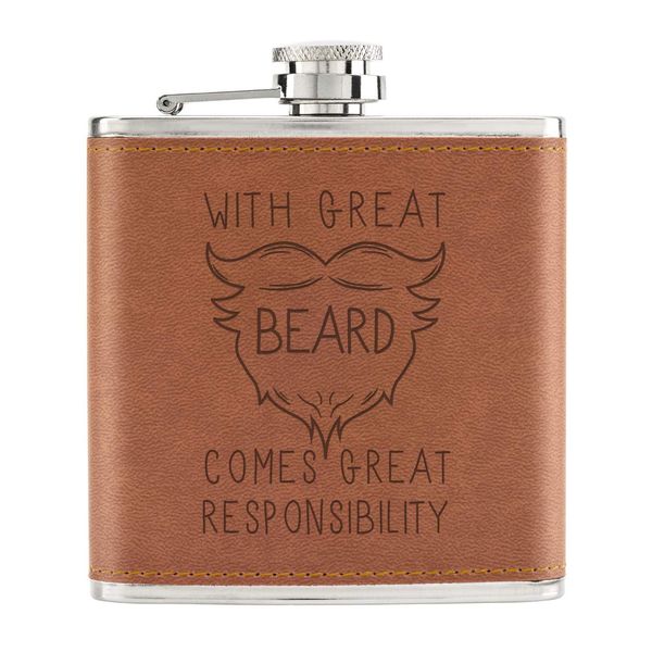 with Great Beard Comes Great Responsibility 6oz PU Leather Hip Flask Tan