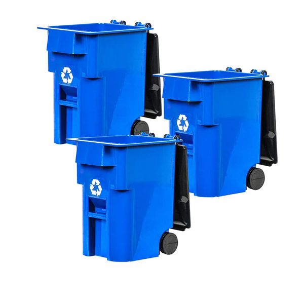 Set of 3 Mini Blue Recycling Trash Cans with Lid & Wheels for Wrestling Action Figures