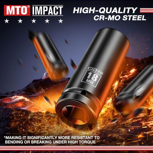 MTO 1/2" Drive 18mm Deep Impact Socket, 6 Pt. Metric Socket, CR-MO Steel & Anti-Corrosion Coating for Heavy-Duty Use