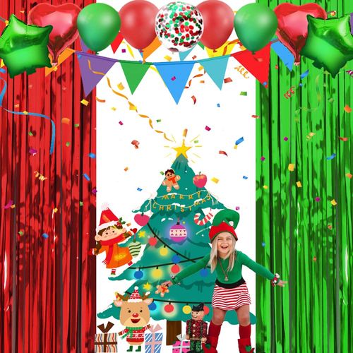 4 Packs 3 ft x 8 ft Friendsmas Christmas Party decorationsFoil Fringe Curtains Shiny Metallic Backdrop for Christmas Party Decorations Green and Red