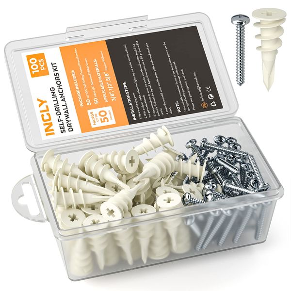 INCLY 100 PCS #8 Drywall Anchors Kit Self Drilling, 50 Plastic Dry Wall Anchors and 50 Philips Screws Assortment for Hanging and Mounting with Case, Self Drilling Sheetrock Anchors