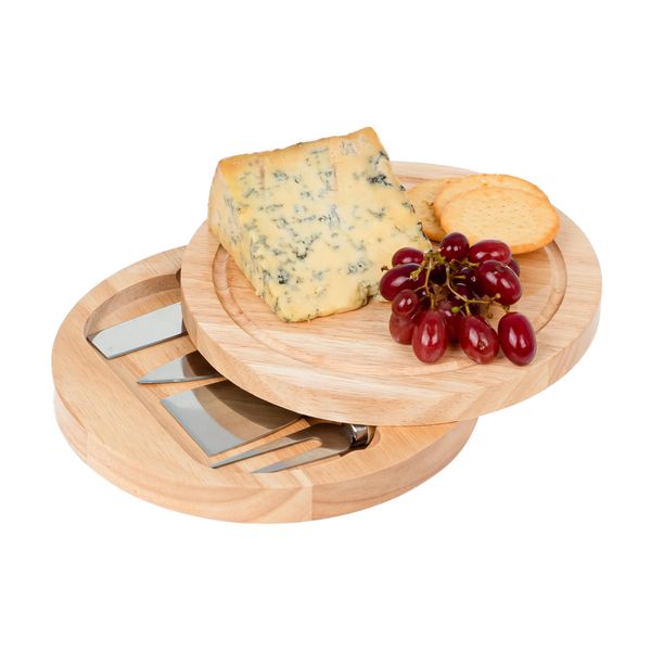 Innoteck Essentials Round Cheese Board with 4pc Knife Set - Rubberwood Board with 4 Stainless Steel Knives for Cheese, Fruit, Vegetables, & Meat - Cheese Platter Set - Ideal for Picnics and Parties