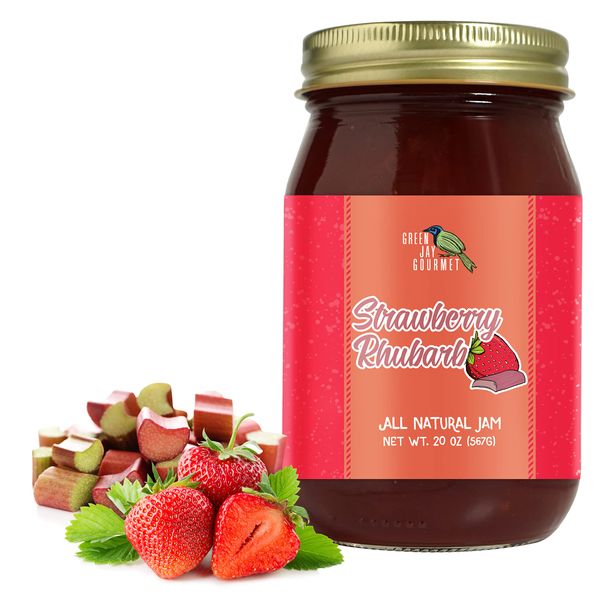 Green Jay Gourmet Strawberry Rhubarb Jam - All-Natural Fruit Jam with Strawberries, Rhubarb & Lemon Juice - Vegan, Gluten-free Strawberry Jam - Contains No Preservatives - Made in USA - 20 Ounces