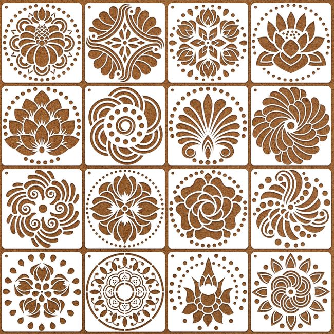 16 Pack Mandala Stencils for Dot Painting, 6 X 6 Inch Reusable Mandala Stencils for Painting, DIY Decorative Lotus Stencil Template