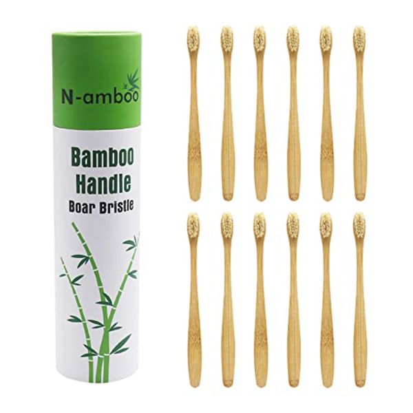 N-amboo Boar Bristles Natural Bamboo Toothbrush Eco-Friendly Biodegradable Zero Waste Pack of 12