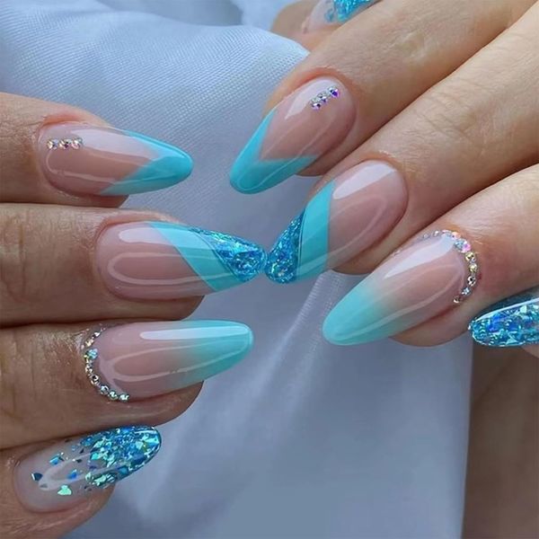 24pcs French Tip False Nails Almond Press on Nails Glitter Blue Fake Nails Glue on Nails with Rhinestones Removable Stick on Nails Full Cover Fake Nails Women Girls Nail Art Accessories