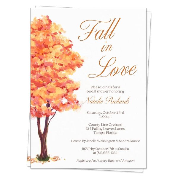 Autumn Bridal Shower Invitations Fall Wedding Invites Rustic Brown Gold Ivory Leaves Tree Fall In Love Customized Personalized Custom Printed Cards (12 count)