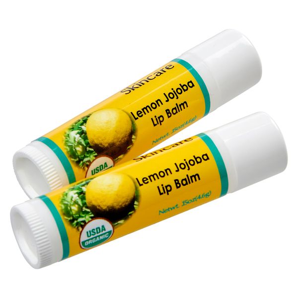 2-Pack Organic Lemon Lip Balm - USDA Certified Organic, 70% Organic Jojoba Oil, Organic Beeswax, Soothes and Softens Dry, Cracked, and Sensitive Lips, Natural Lemon Scent No Taste. 0.15 oz/4.6 gm