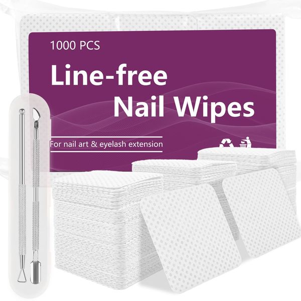 ANGNYA Lint Free Nail Wipes 1000 PCS Nail Polish Remover Wipes For Lash Extensions & Gel Nail With 2 PCS Cuticle Pushers