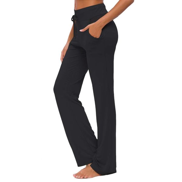 ADANIKI Womens Yoga Pants with Pockets Straight-Leg Loose Comfy Modal Drawstring Lounge Running Long Active Casual Sweatpants (Black, XL)