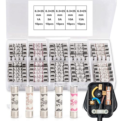 100PCS Ceramic Tube Fuses Household Set with 1A 3A 5A 10A 13A Amp 240 Volt Fuses Assorted Suitable for UK Domestic Electrical Home Mains Plugs, Extension leads,Shaver Plug, and Fuse Sockets