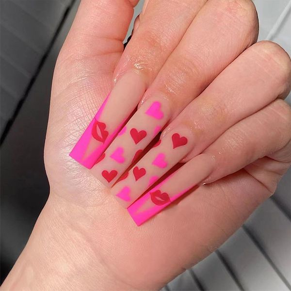 24pcs Long Coffin False Nails French Tip Hot Pink Matte Edge Stick on Nails Red Heart Lips Press on Nails Removable Glue on Nails Full Cover Fake Nails Valentines Day Women Bridal Nail Art Accessories