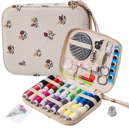Floral Sewing Kit Printing Sewing Project Kits,Professional Sewing Supplies for Adults, Zipper Sewing Needles Set, 87 PCS Travel Sewing Accessory for Emergency, Home