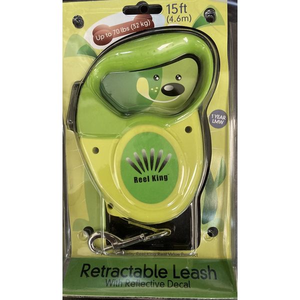 REEL KING Green 15ft Retractable Pet Leash Up To 70lbs. With Reflective Decal