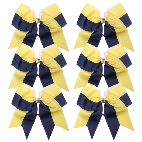 Cheerleader Bows 8 Inch Comb Color Ponytail Holder with Bling Fling Rhinestones Hair Tie Cheerleading Bows 6 Pcs (Navy Blue/Yellow)