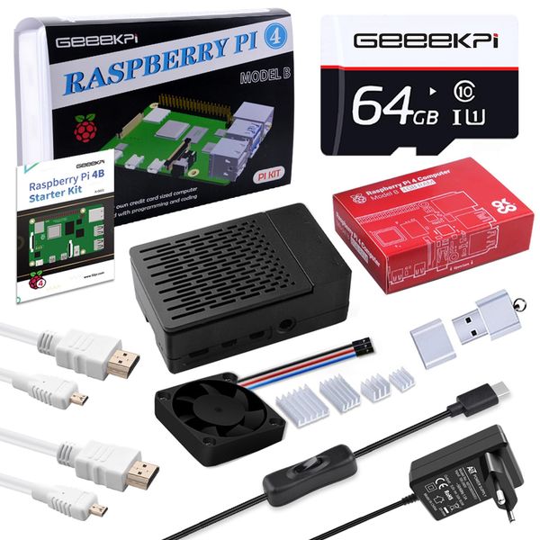 GeeekPi Raspberry Pi 4 4GB Starter Kit mit 64GB SD Karte, Raspberry Pi 4 Gehäuse mit PWM Lüfter, Raspberry Pi 5V 3.6A 18W Netzteil mit EIN/Aus Schalter, 2pcs HDMI Kabel für Raspberry Pi 4B (4GB RAM)