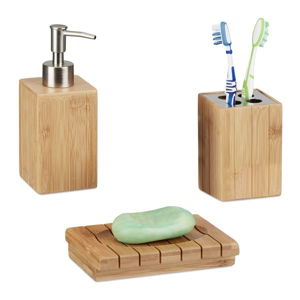 Relaxdays Badaccessoires Bambus, 3-teiliges Badezimmer Set aus Seifenspender, Seifenschale u. Zahnbürstenhalter, natur, 10 x 15 x 17.5 cm
