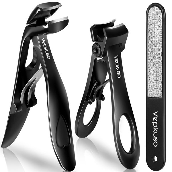 Vepkuso Nail Clippers for Seniors, Wide Jaw Fingernail Clippers and Angled Head Toenail Clippers for Thick Nail, Stainless Steel Professional Nail Cutter with File for Men, Women&Pregnant，Black