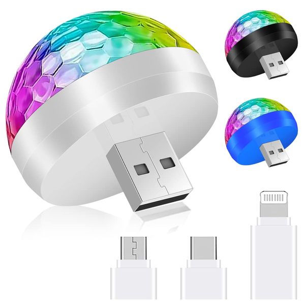 URAQT USB Mini Disco Ball Licht,3 Stück DJ Ball USB Party Blitzlicht mit 3 Adapter 4W Mini Discokugel Licht Wiederaufladbares Sound Aktivierte Discokugel für Alle Partys und Autoinnendekoration