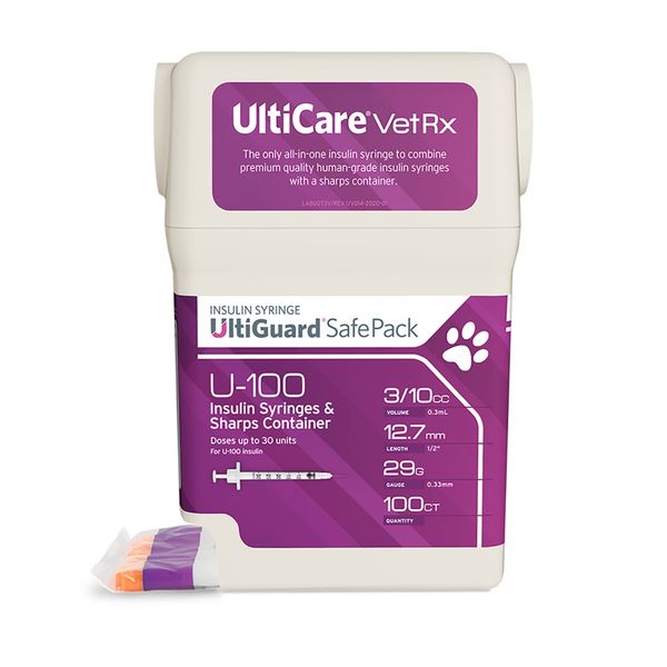 UltiCare VetRx U-100 UltiGuard Safe Pack Pet Insulin Syringes 3/10cc, 29G x 1/2”, 100ct