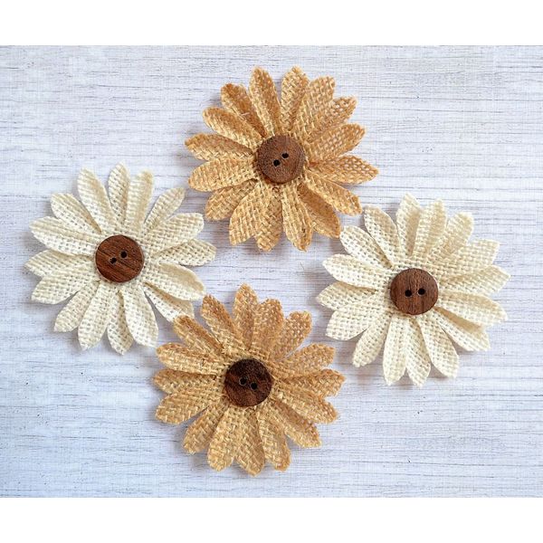 Hessian Large Flowers Button Centre - 6cm Diameter (Pack of 4)