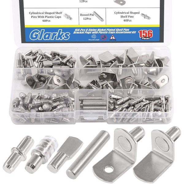 Glarks 156Pcs 6 Styles Shelf Pins Kit, Nickel Shelf Support Pegs, PVC Shelf Pins, Flat Spoon Pegs, Cylindrical Pins Holder, L-Shaped Bracket and Dowel Pins for Cabinets