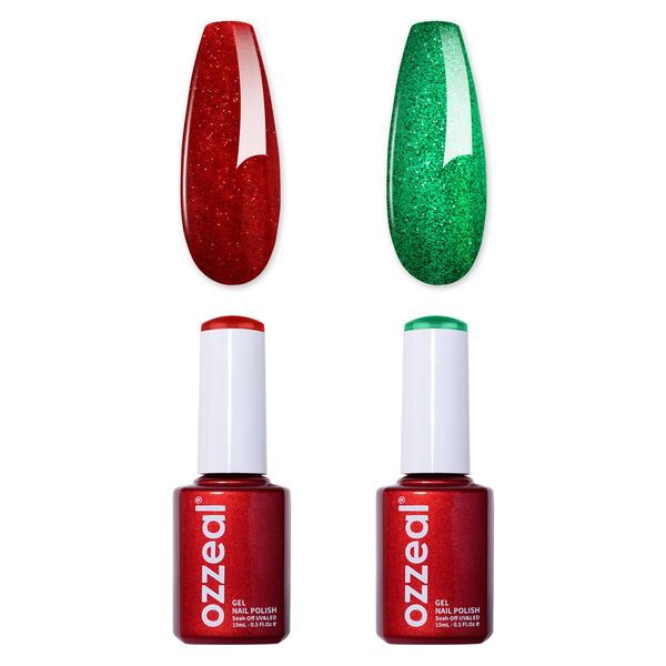 Ozzeal Glitter Gel Nail Polish Set,2 Pcs Christmas Red Green Glitter Gel Nail Polish Sparkle Shimmer Glitter Gel Polish Fall Winter New Year Gel Polish Kit Soak off LED UV 0.5 Fl Oz