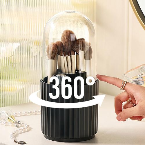 Terafeels Makeup Brush Holder Organizer with Lid, 360 Degree Rotatable Make Up Brush Organizer Spinning Cosmetics Holders Brush Storage Box Display for Bathroom Vanity Countertop Black, 1005