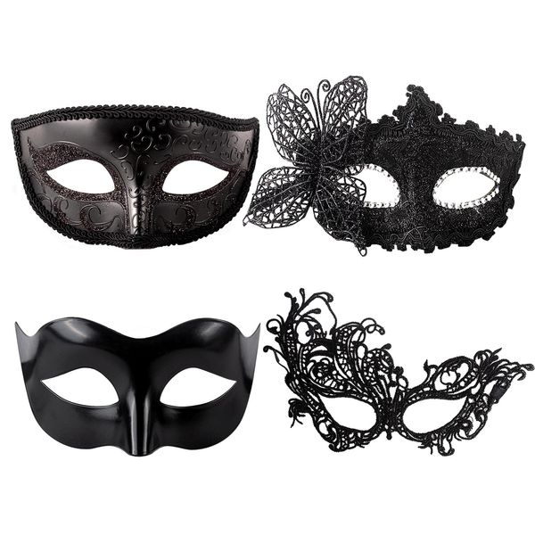 AYNKH Masquerade Masks 4PCS Black Venetian Party Eye Mask Sexy Dress-Up Accessories Lace Plastic Classic Zorro Style Mask for Couples Women and Men