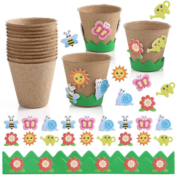 Ayfjovs Garden Paper Pot Craft Kit 15 Pack Flower Plant Spring Craft with 105 PCS Adhesive Foam Stickers and 15 PCS Paper Mache Pots, Flower Planting Growing Kit Science and Garden for Kids