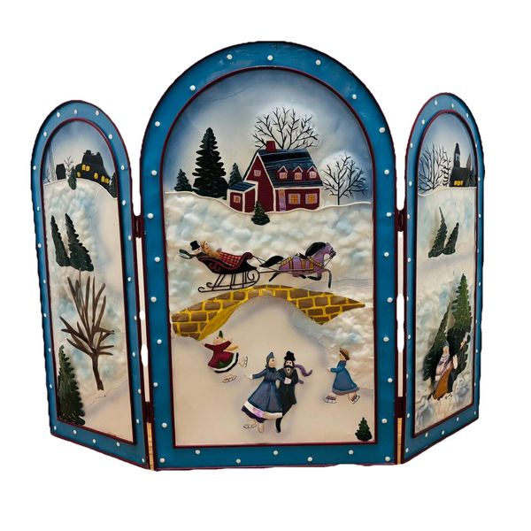 Metal Trifold Fireplace 3D Screen Winter Snowman Trees Sleigh Ride Ice Skating