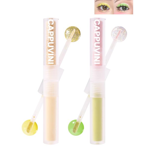 Liquid Glitter Matte Eyeshadow-Yellow Green 2 in 1 High Pigmented Sparkling Eye Shadow Eyeliner, Longlasting Waterproof Eyeshadow Gream, Korean Shimmer Loose Glitter Glue for Eye Crystals Makeup-03+04