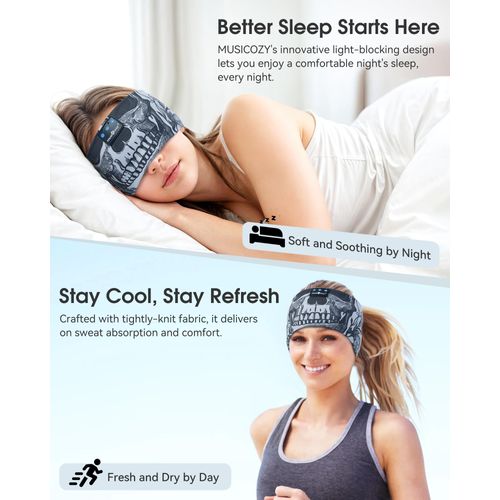 Sleep Headphones Bluetooth Headband, Wireless Sleeping Headphones Music Sport Headbands, Long Time Play Sleeping Headsets Built-in Thin Speakers, Skulls Design for Sleeping Yoga