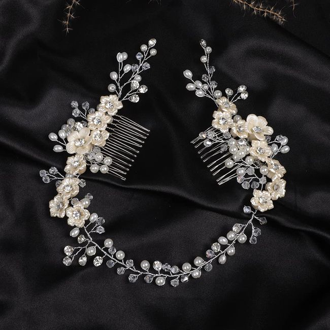 BERYUAN Bridal White Flowers Crystal Pearl hair comb Silver Hair Accessories for Wedding Women and Girls Side Flower Headband Hair Comb